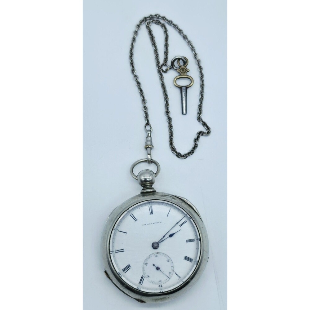Antique NY Watch Co Novelty Springfield Silveroid Key Wind Pocket Watch Chain